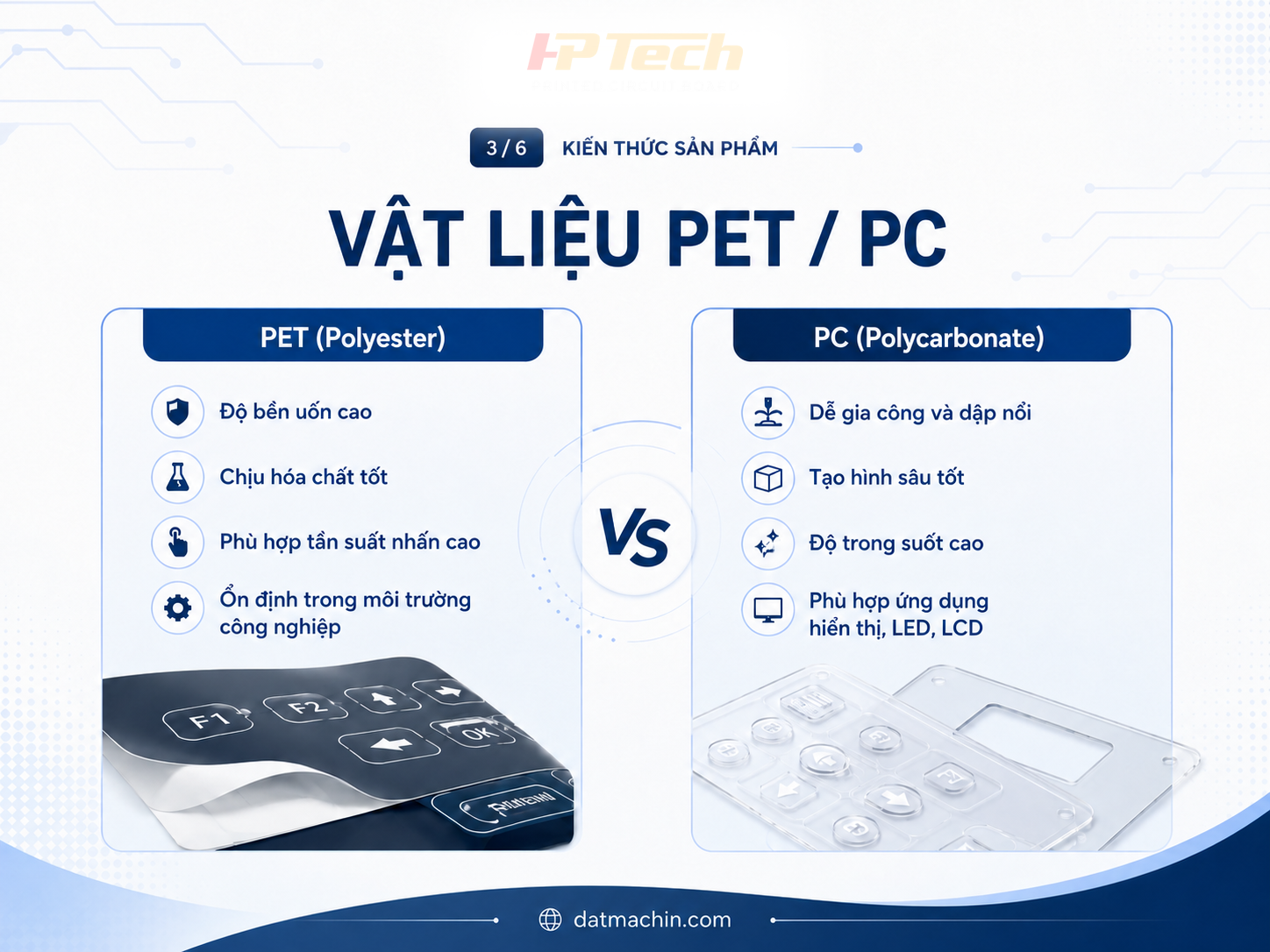 So s&aacute;nh vật liệu PET v&agrave; PC d&ugrave;ng sản xuất decal ph&iacute;m bấm Membrane Keypad